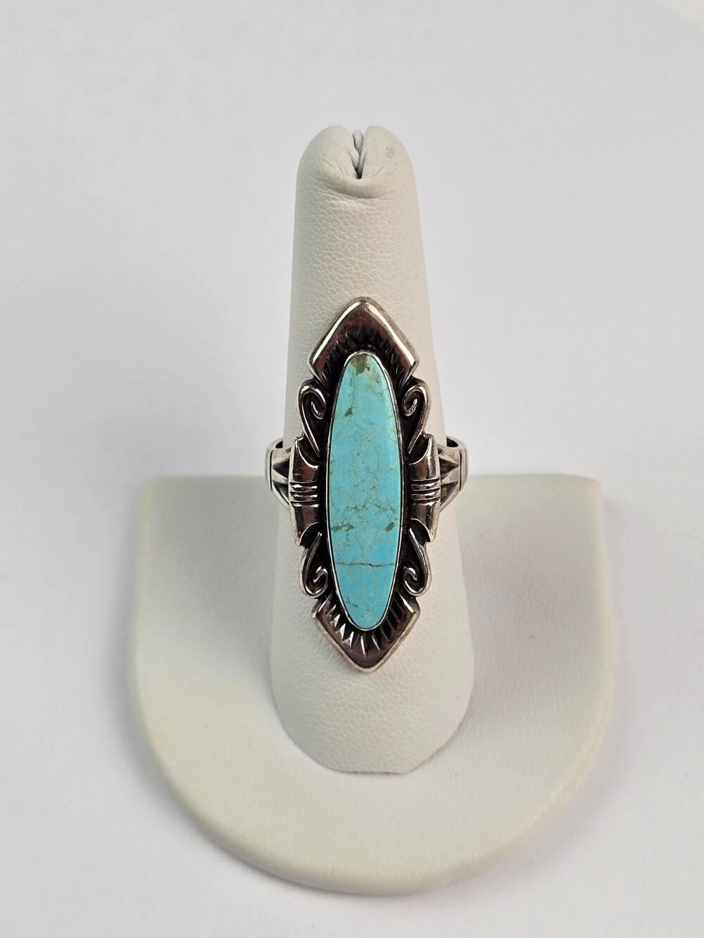 Vintage Sunbell Trading Post Sterling Silver Elongated Turquoise Ring Size 8.5